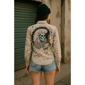Grail Pearl Snap Shirt Sze M Beaded Paint Splash Indian Chief Skull Artsy Grunge